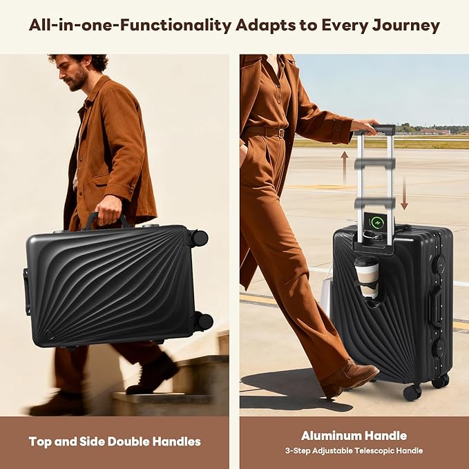 3-Piece Hardside Luggage Sets Aluminum Frame, 20+24+28 Inch Suitcases with USB Charging Port, Foldable Cup Holder, TSA Locks & Spinner Wheels for Travel, Black