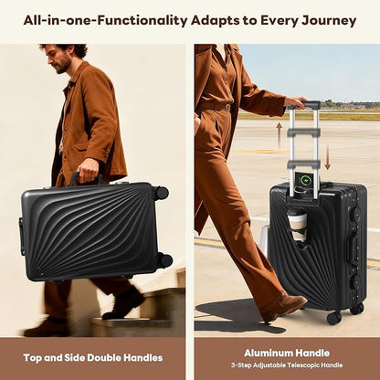 3-Piece Hardside Luggage Sets Aluminum Frame, 20+24+28 Inch Suitcases with USB Charging Port, Foldable Cup Holder, TSA Locks & Spinner Wheels for Travel, Black