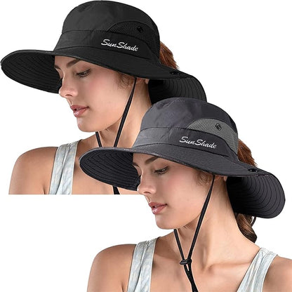 ZOORON Women's Ponytail Safari Sun Hat,Wide Brim UV Protection Outdoor Bucket Hat,Foldable Beach Summer Fishing Hat