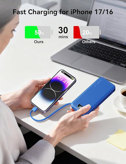 12000mAh Ultra-Portable-Charger-Power-Bank with Built in Cables&AC Wall Plug,PD20W USB-C Fast Charging Cell Phone Charger Battery Pack,LED Display Travel Battery Bank for All iPhone,Samsung,Android
