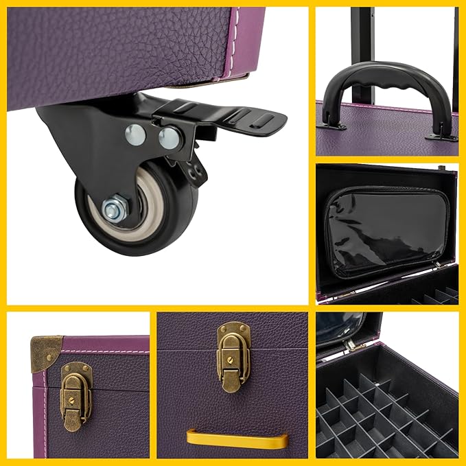 Rolling Makeup Case w/ 2 Keys, 3-tier Lockable Makeup Train Case w/ Drawers, Removable Baffle Nail Polish Organizer, Travel Cosmetic Case w/ 17.7in Telescopic Rod, 14.2*9*19.3in, Bronze Latch+Purple