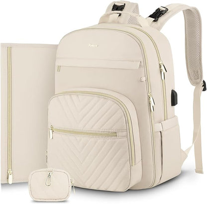 MOMUVO Diaper Bag Backpack, Quilted Baby Bag with Changing Pad and Stroller Straps and Pacifier Case, Multifunction Waterproof Travel Diaper Bags, Unisex, Beige