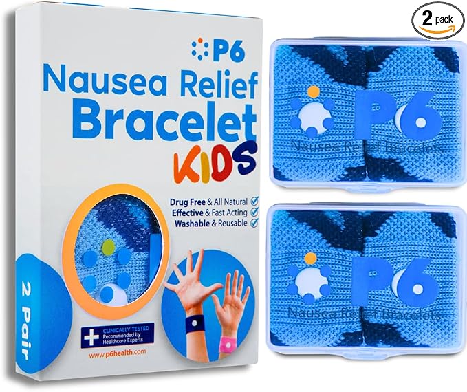 P6 Motion Sickness Bands for Kids Children’s Wristbands for Anti Nausea Sea Cruise Travel Car Sickness All-Natural Non Drowsy Relief Acupressure Treatment (2 Pack, Blue - Blue)
