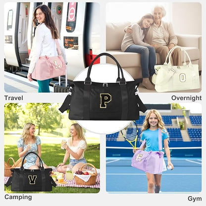 Dance Gym Duffel Bag for Teen Girls, Personalized Initial Travel Weekender Bag,Cute Overnight Carry On Duffle for Women,Sports Travel Cheer Bag,Monogram Christmas Gifts for Tween Preppy(black-P)