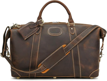 Full-grain Genuine Leather Travel Bag Large Capacity Luggage Duffel Bag for Men Shoulder Handbag Holiday Business Trip Bag, Brown