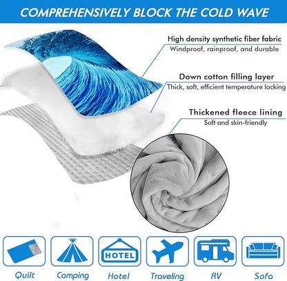 Outdoor Camping Quilt, Warm Thick Blanket with Polar Fleece Packable Down Wearable Camp Blankets with Snap Buttons Soft Puffy Camping Quilt for Cold Weather (Waves, 76'' x 56'')