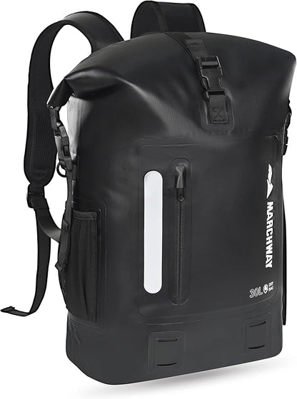 MARCHWAY Roll Top Waterproof Backpack, Floating Dry Bag 20L/30L/45L with Ergonomic Rectangular Base, Cushioned Back, Hip Strap for Hiking Camping Kayaking Travel (Black, 30L)