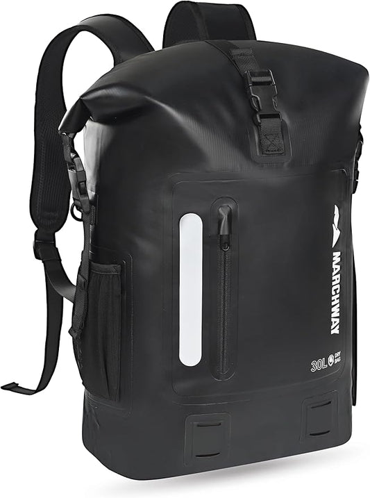 MARCHWAY Roll Top Waterproof Backpack, Floating Dry Bag 20L/30L/45L with Ergonomic Rectangular Base, Cushioned Back, Hip Strap for Hiking Camping Kayaking Travel (Black, 30L)