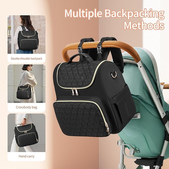 Diaper Bag Backpack, 4 in 1 Convertible Baby Travel Backpacks, Diaper Bag with Changing Pad Diaper bag, Baby Bag for Mom, Insulated Pockets, Stroller Straps, Black