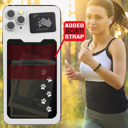 Gecko Travel Tech Double Pocket - Adhesive Card Holder - Cell Phone Pouch - Stick on Spandex Pocket - Carry Credit Cards and Cash (Black - CAT PAW)