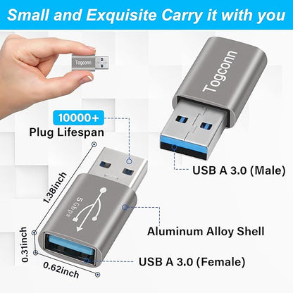 USB 3.0 Adapter, USB A Male to Female Connector Converter Extender, Support Charge & Data Sync for PC, Laptop, Mouse, Keyboard, USB A Charger