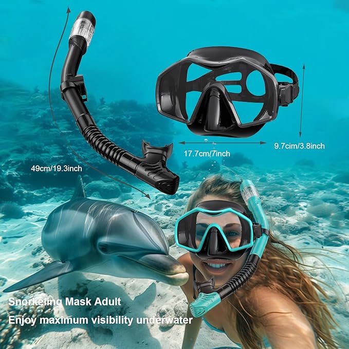 Snorkeling Gear for Adults,Dry-Top Snorkel Mask Set with Tempered Glass,Anti-Fog & Anti-Leak Panoramic Swim Mask,Adjustable Snorkel Kit with Carry Bag for Scuba Diving,Swimming,Travel