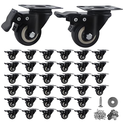 2 Inch Caster Wheels Set of 36 Heavy Duty Casters,with Brake,No Noise Locking Polyurethane (PU) Wheels, for Furniture and Workbench Load 800lbs