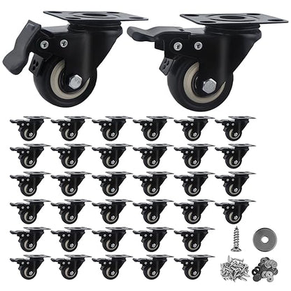 2 Inch Caster Wheels Set of 36 Heavy Duty Casters,with Brake,No Noise Locking Polyurethane (PU) Wheels, for Furniture and Workbench Load 800lbs