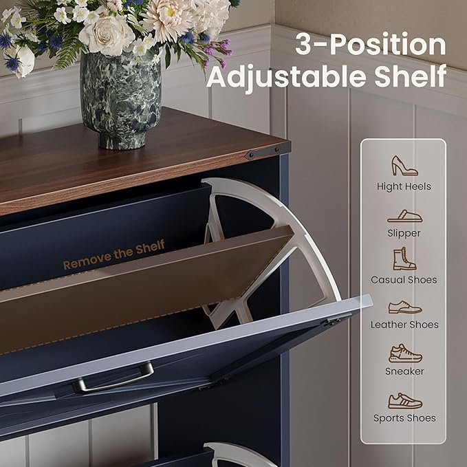 Shoe Organizer Cabinet Narrow with 3 Flip Drawers Shoe Rack Cabinet Hidden Slim Freestanding Shoe Storage Cabinet 24 Shoes for Entryway,Living Room, Blue Walnut