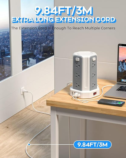 Power Strip Surge Protector, 10 Ft Extension Cord with 12 AC Multiple Outlets 4 USB (1 USB C), SMALLRT Power Tower Desktop Charging Station (White, 10 FT)