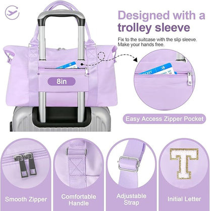 Dance Gym Duffel Bag for Teen Girls, Personalized Initial Travel Weekender Bag,Cute Overnight Carry On Duffle for Women,Sports Travel Cheer Bag,Monogram Christmas Gifts for Tween Preppy(purple-T)