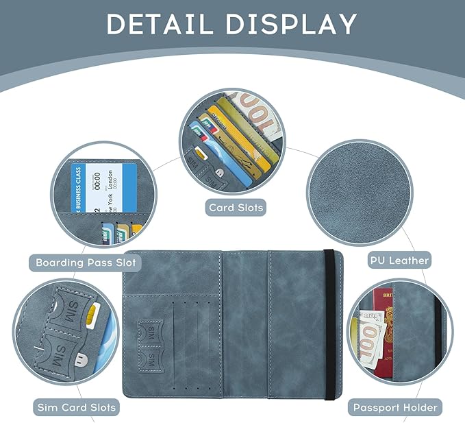 ILIYAH-Passport Cover-Passport Holder Travel Wallet-RFID Blocking Passport Case Travel Accessories Card Holder Wallet Unisex Travel Gifts(Greyish Blue)