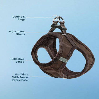Best Pet Supplies - All Weather Mesh/Plush, Reflective, No Pull Harness for Small, Medium Dogs, Cats - Secure with Hook & Loop Fastener, Buckle, Double D-Rings - Chocolate Suede, L