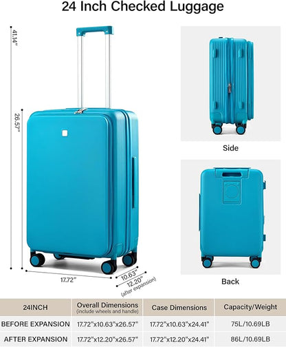 Hanke 24Inch Expandable Luggage Top Opening Medium Checked Luggage Hard Shell Suitcases with Wheels Travel Luggage Rolling Suitcase with Cup Holder (Caribbean Blue)