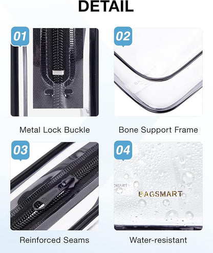 BAGSMART Clear Toiletry Bag, 2 Pack TSA Approved Travel Toiletry Bag Carry on Travel Accessories Bag Airport Airline Quart Size Bags Water Repellent Makeup Cosmetic Bag for Women (Black-2pcs)