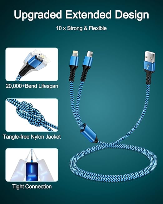 for Apple Lightning & USB-c 2-in-1 Charging Cable (4 Feet), USB to Lightning & USB to USB-c Long Fast Charger Cord for iPhone 17 Air 16e 16 15 Pro Max 14 Plus 13 12 11 mini, Samsung Galaxy, Pixel