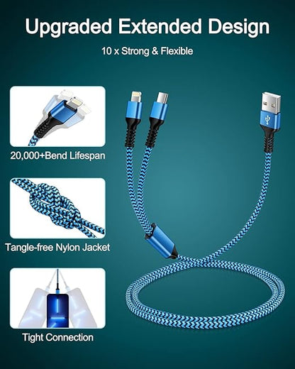 for Apple Lightning & USB-c 2-in-1 Charging Cable (4 Feet), USB to Lightning & USB to USB-c Long Fast Charger Cord for iPhone 17 Air 16e 16 15 Pro Max 14 Plus 13 12 11 mini, Samsung Galaxy, Pixel