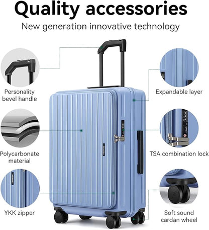 ROAMING 20 Inch Carry On Luggage Expandable TOP Opening Rolling Vacation Suitcase with Spinner Wheels and TSA Lock Cup Holder PC Hard Shell Travel Trolley Case for Shout Business Trips blue