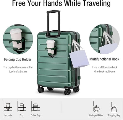 KYME 26 Inch Luggage TSA Approved Hardshell Suitcases with Spinner Wheels Durable Medium Travel Checked Luggage with Cup Holder for Women Men Green