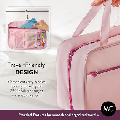 Kids Travel Organizer – Multi-Compartment, Water-Resistant Hanging Bag for Toys, Snacks, & Activities - Compact, Lightweight Design with Hook & Carry Handle - Perfect for Travel Use (Pink, Large)