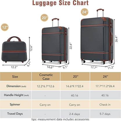Merax Luggage Set 2 Piece Suitcase Set with Cosmetic Case Expandable Spinner Wheels Vintage Luggage Sets(Black,20"+24")