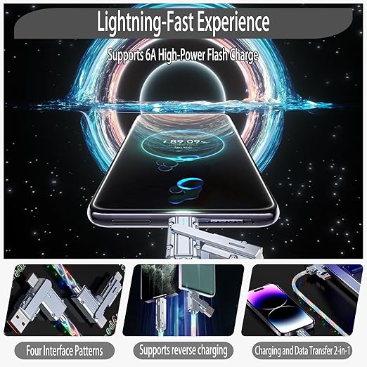 USB Cable PD Fast Charger Lighted Up (USB 4IN1 Colorful),Supports Data Transfer, can be Used as a Night Light, Cable Length Approx. 39 inches, Compatible with Most Devices.