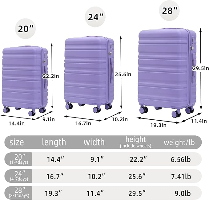 Merax Hardshell Luggage Sets ABS 3Pc Carry On Luggages With Spinner Wheels, Light Purple, 20/24/28 Inch