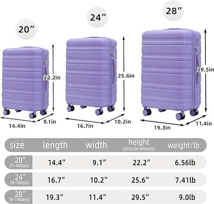 Merax Hardshell Luggage Sets ABS 3Pc Carry On Luggages With Spinner Wheels, Light Purple, 20/24/28 Inch