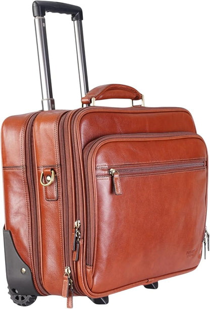 Genuine Leather Wheeled Laptop Briefcase – Tan Rolling Cabin Flight Pilot Bag for Men – 29L Travel Carry-On Case with Adjustable Strap, Trolley Wheels, and Antique Brass Hardware