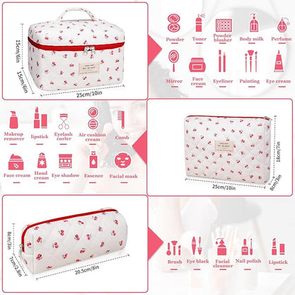 3pc Makeup Bag Set, Quilted Makeup Bag Set, Large Floral Cosmetic Bag for Women, Cute Cotton Makeup Bags, Flower Travel Toiletry Organizer Bag (Pink Cherry Flowers)