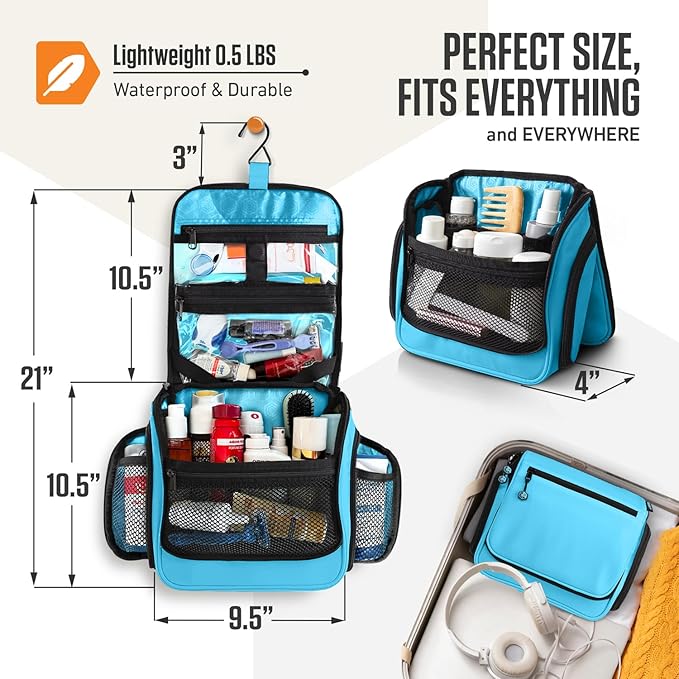 VENTURE 4TH Hanging Travel Toiletry Bag for Women & Men – Large Toiletry Organizer with 18 Compartments, Removable TSA Pouch, Travel Wash Bag for Toiletries, Makeup & Shaving Kit (Light Blue)