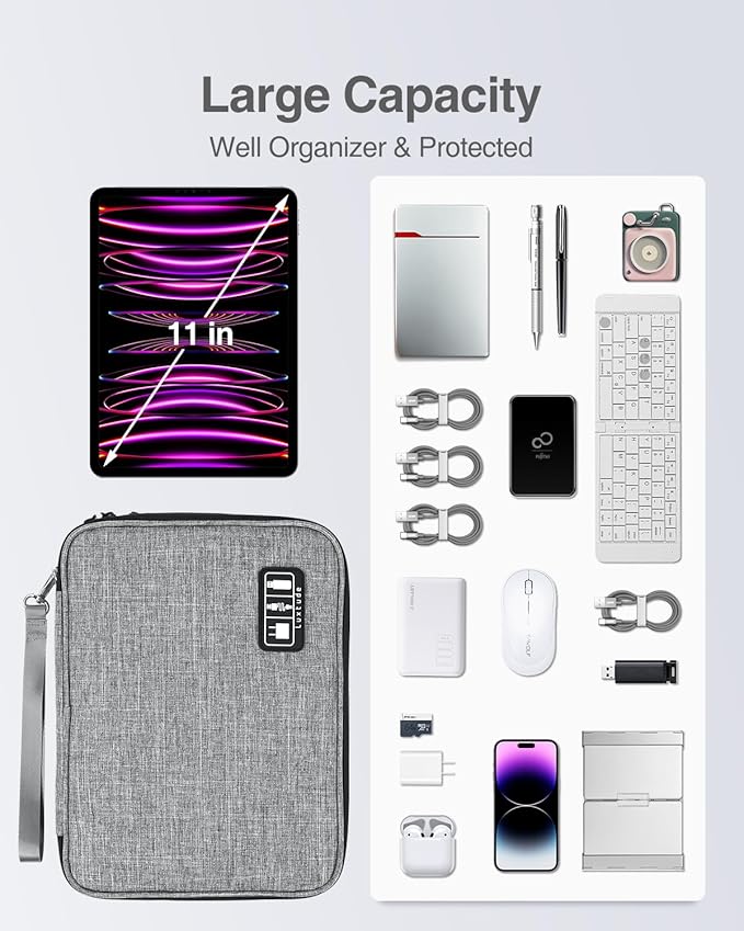Luxtude Travel Cord Organizer Case, Electronic Organizer Travel Case Large, Portable Cable Organizers Bag, Flat Tech Bag for Cable Storage/Cord Storage/iPad Pro(up to 11")/Wall Charger/Electronics