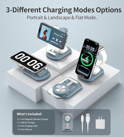 3 in 1 Magnetic Wireless Charging Station for Apple Devices, Fast Foldable Travel Mag-Safe Charger Stand with Night Light for iPhone 17 16 15 14 13 12 Series, Apple Watch/AirPods Pro, LB