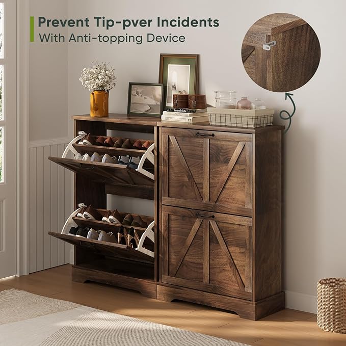 Shoe Cabinet, Shoe Storage Cabinet for Entryway with 2 Flip Drawers, Narrow Farmhouse Shoe Organizer Cabinet, Slim Shoe Rack Cabinet, 23.6in Walnut