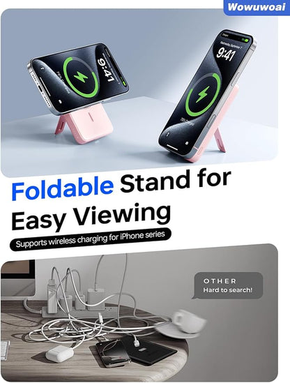 for Magsafe Portable Charger, 10000mAh Wireless Power Bank with Stand, USB C PD 20W Fast Charging Powerbank, Magnetic Battery Pack Compatible for iPhone 17/16/15/14/13/12 Series - Pink