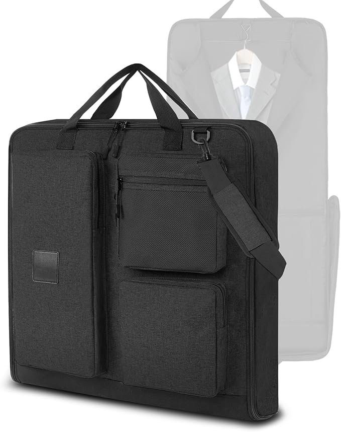 Garment Bag Travel Carry On Suit Bag for Traveling Business Trips Hanging Dress Clothes with Shoulder Strap Foldable for Men Women 45” Black