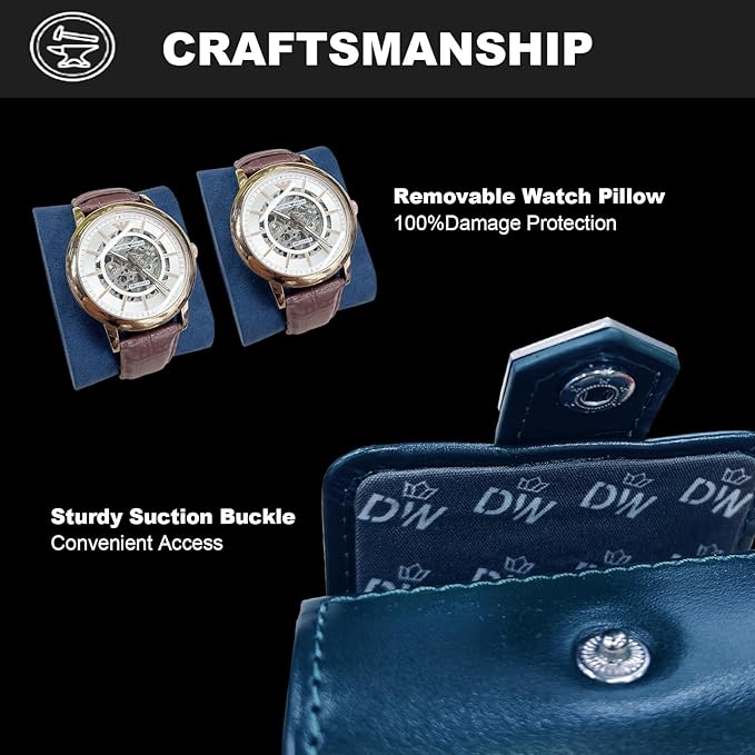 DUKWIN Watch Roll for 2 Watches,Vegan Leather Travel Watch Case Organizer with Removable Pillows for Men and Women,Display Case for Watches Collection and Gift for Anniversary Birthday(Blue Storage)