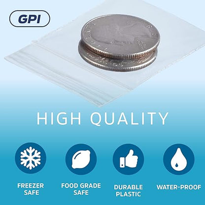 Clear Plastic Reclosable Zip Bags - Bulk GPI Pack of 500 1.5" x 1.5" 2 Mil Thick Strong & Durable Poly Baggies with Resealable Zip Top Lock for Travel, Storage, Packaging & Shipping.