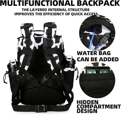 25L Tactical Backpack Military Tactical Backpack for Men and Women Small Assault Pack Outdoor Travel Hiking Camping Rucksack with Molle Webbing (Cow Print)