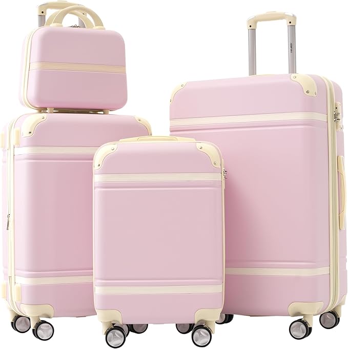 Merax Luggage Set, 3 Piece Luggage with Cosmetic Case, Vintage Hardcase Suitcase with Wheels, Expandable Luggage Airline Approved(Light Pink,20"+24"+28")