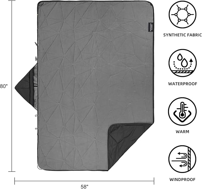 Outdoor Waterproof Blanket, Foldable Fleece Stadium Blanket for Outdoor Sports Event, Camping, Car, Pet, Picnics - Windproof, Wearable, Machine Washable 80" x 58" (Black Gray,Hooded)
