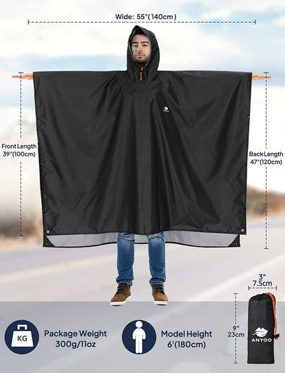 ANYOO Hooded Rain Poncho for Adults Waterproof Lightweight Rain Coat for Men Women Reusable Rain Jacket for Emergency Outdoor