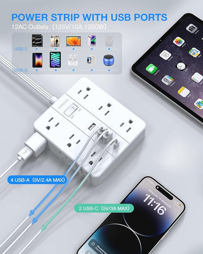 Flat Plug Surge Protector Power Strip, HUNIAN 12 Widely Spaced Outlets with 6 USB Charger (2 USB C Ports), 10 Ft Extension Cord Desk Charging Station for Home Office Supplies, Dorm Room, White