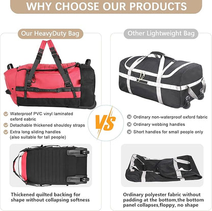 CONTAIL 86L Wheeled Duffel Bag, Soft Shell with Adjustable Web Handles, Carry On Size 29.5x14.2x12.6in, Foldable with Dual Wheels & Shoe Compartment,Red